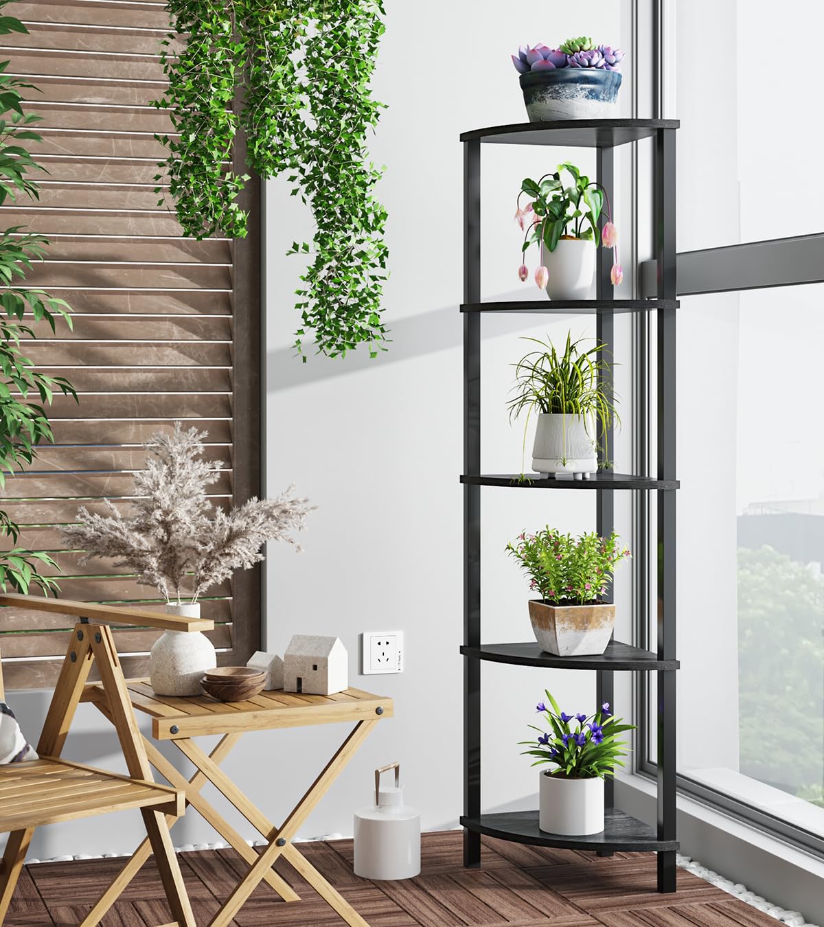 Vimber 5 Tier Industrial Corner Bookshelf - Space Saving Ladder Shelf