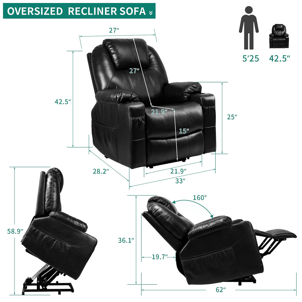 EaseMax Power Lift Recliner – Massage, Heating, USB, Faux Leather
