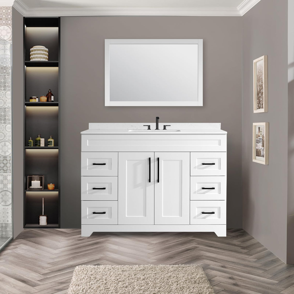 48" Luxurious Bathroom Vanity with White Stone Countertop and Rectangle Sink