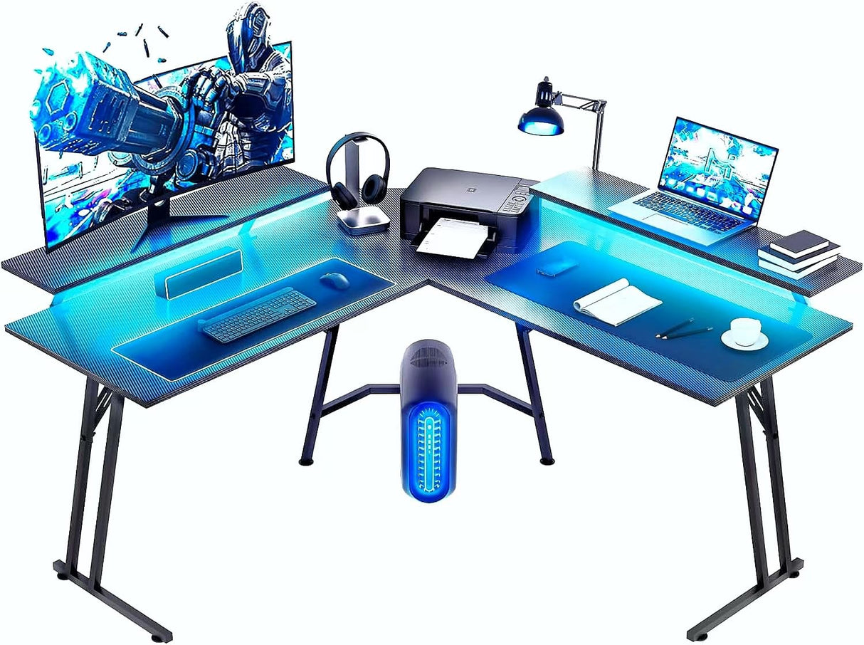 51 Inch L Shaped Gaming Desk with Monitor Stand and LED Lights