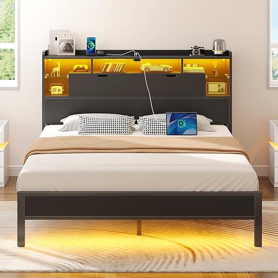 Twin Bed Frame with LED Headboard and Charging Station
