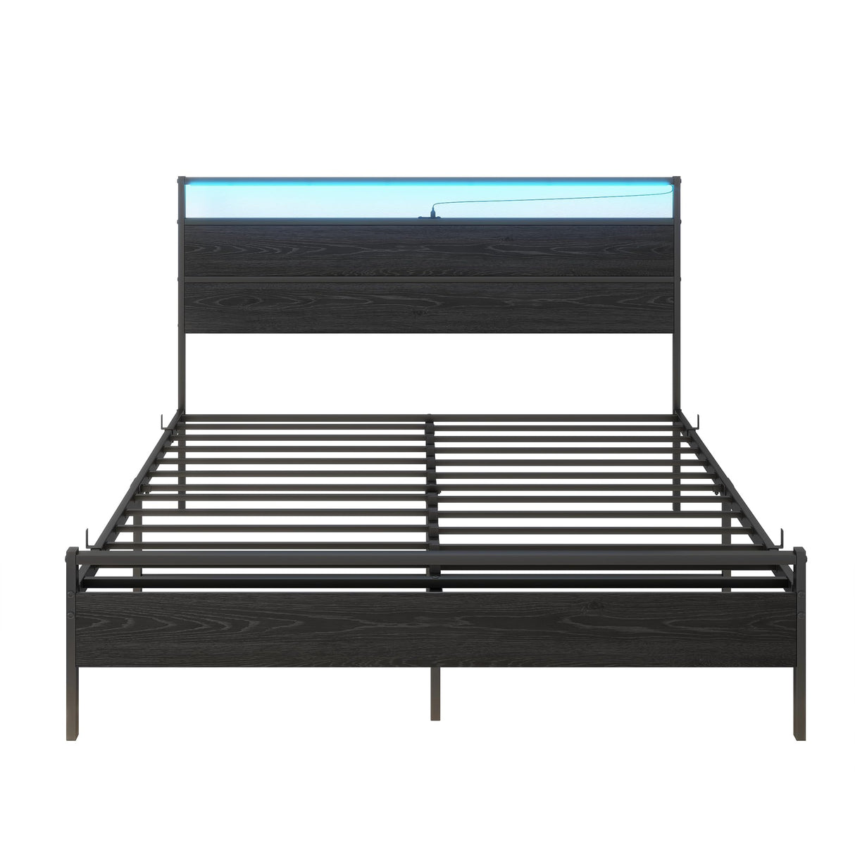 Queen Metal Platform Bed Frame with LED Headboard & USB Charging