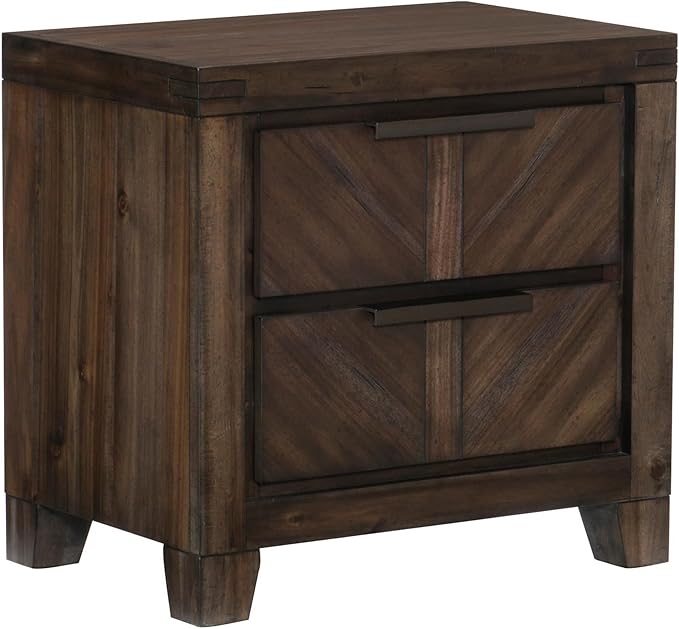 2 Drawer Wooden Nightstand with Antique Handles and Chamfered Feet, Brown