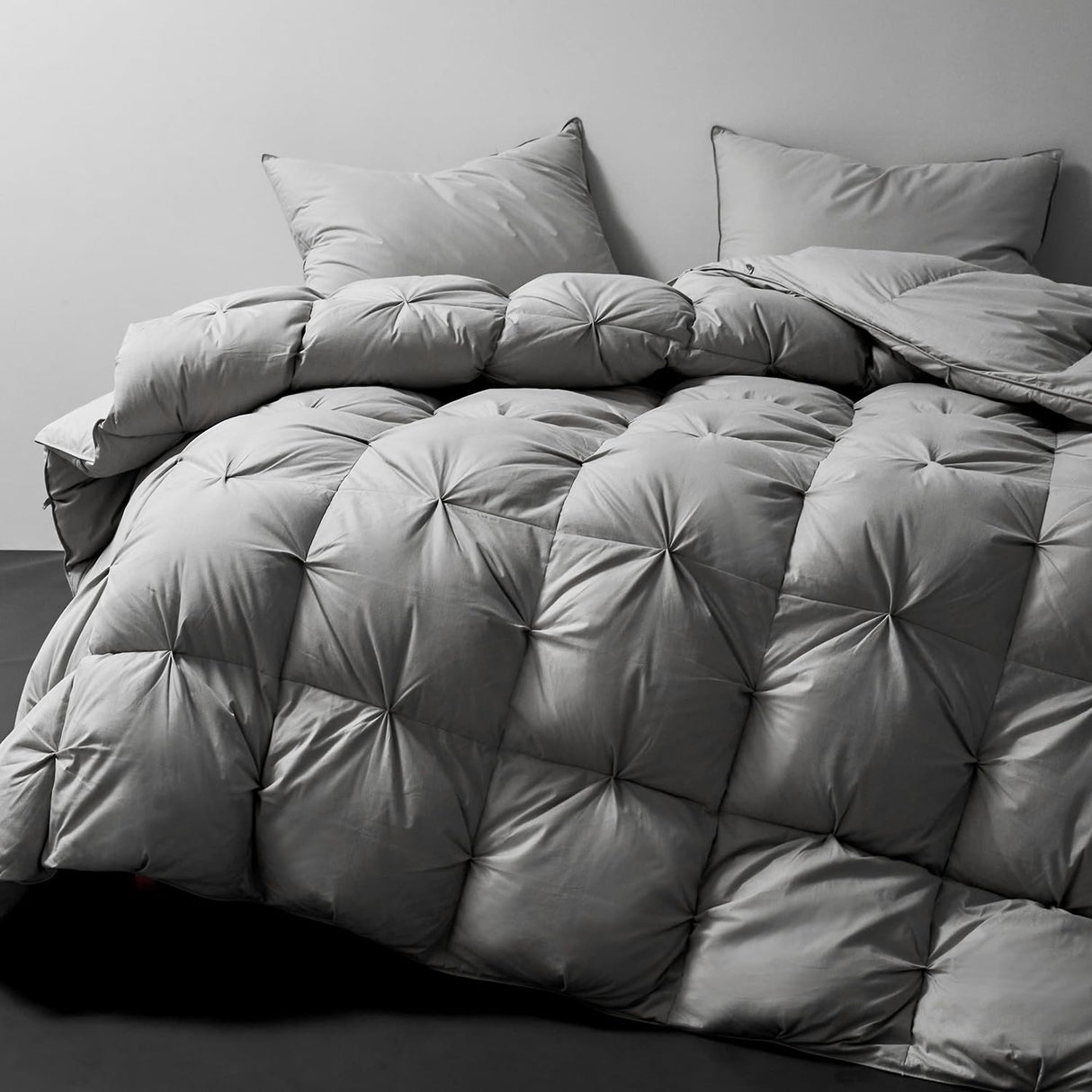 Premium Pinch Pleat Feathers Down Comforter Twin Size Gray Grey 100% Cotton Cover