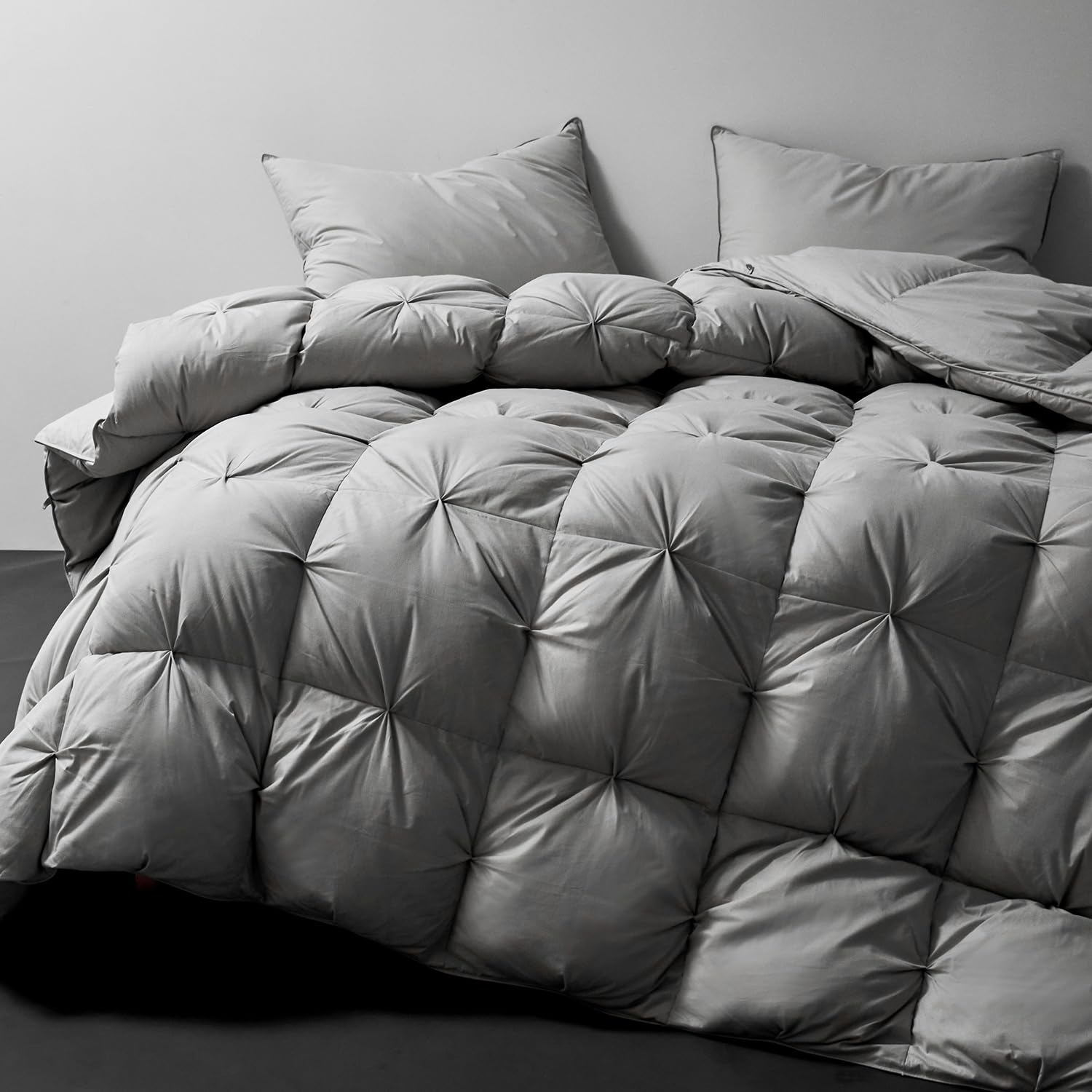 Premium Pinch Pleat Feathers Down Comforter Twin Size Gray Grey 100% Cotton Cover