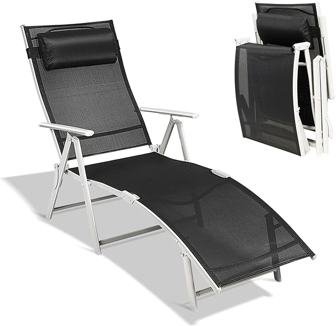 Chaise Lounge Chair for Outside, Pool Folding Reclining Beach Chair W/Removable