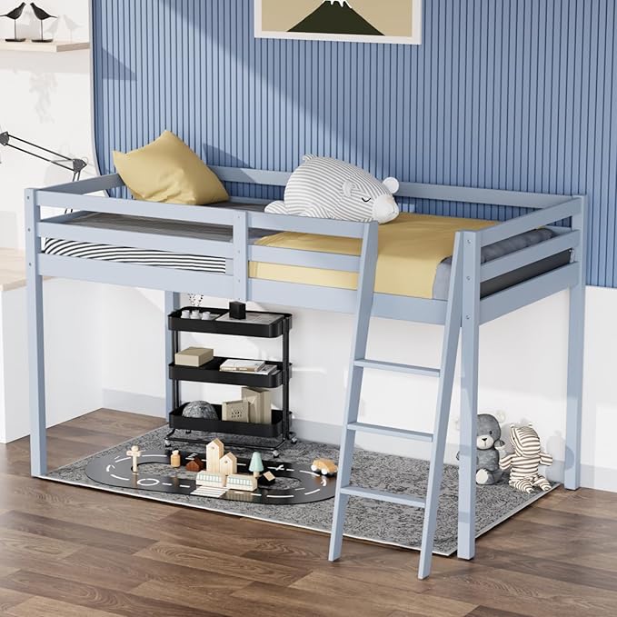 Junior Low Loft Bed with Stairs, White Wood Loft Bed Full Size for Adults, Kids and Young