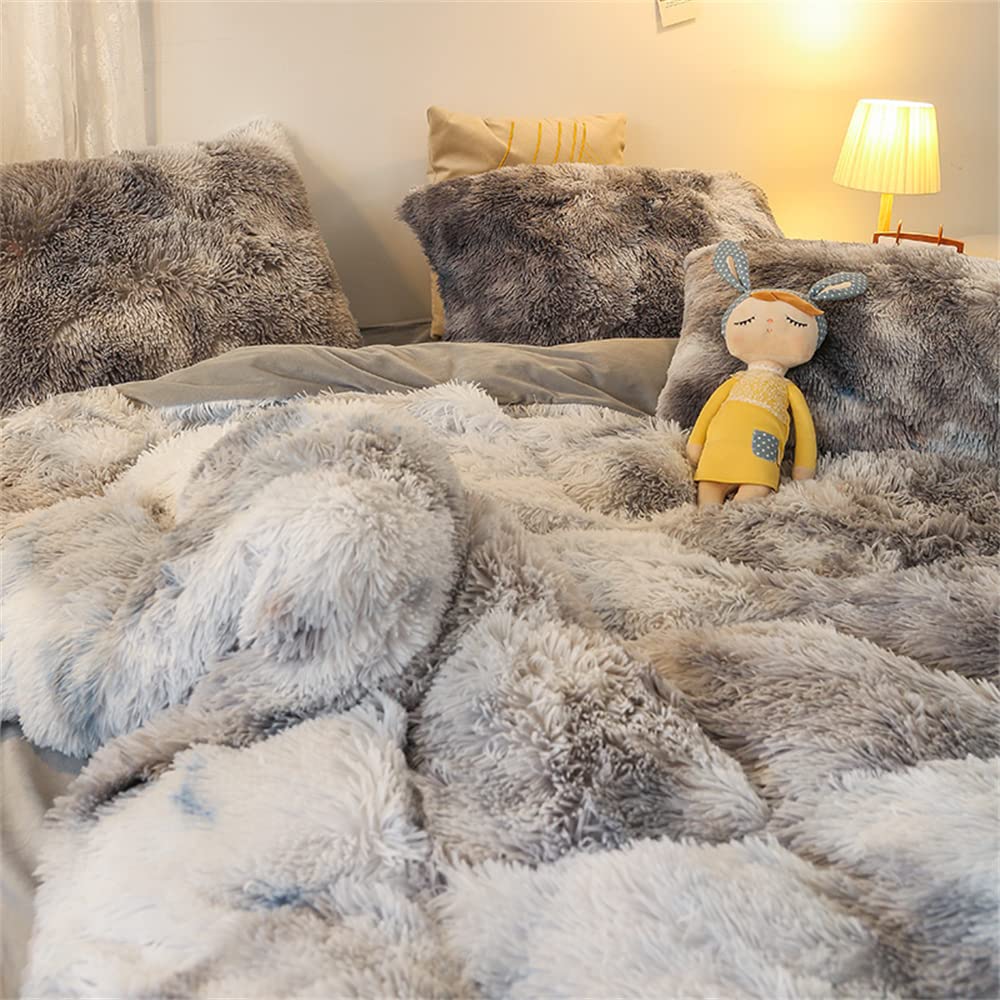 Faux Fur Tie-Dyed Black White Gray Colorful Comforter Cover Duvet Cover Queen