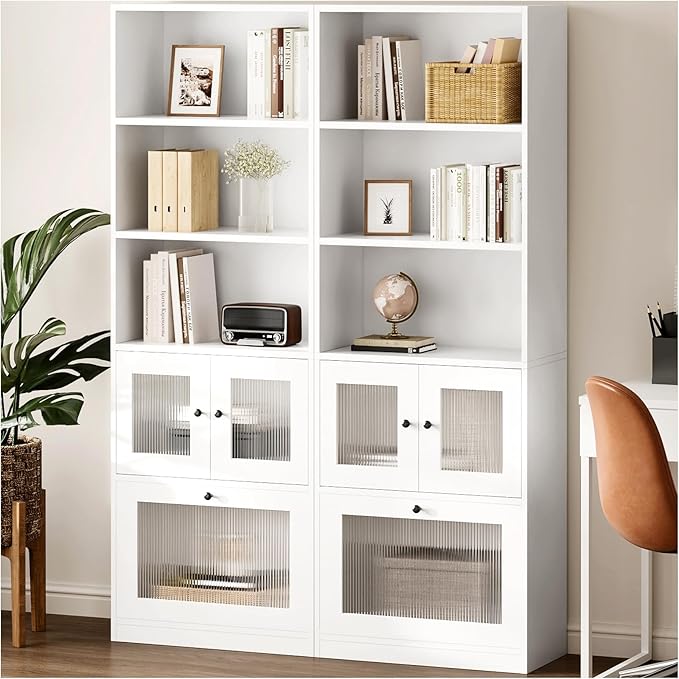 Bookshelf with Doors 2PCS, 5 Shelf Bookcase with Acrylic Cabinet Doors,Modern White