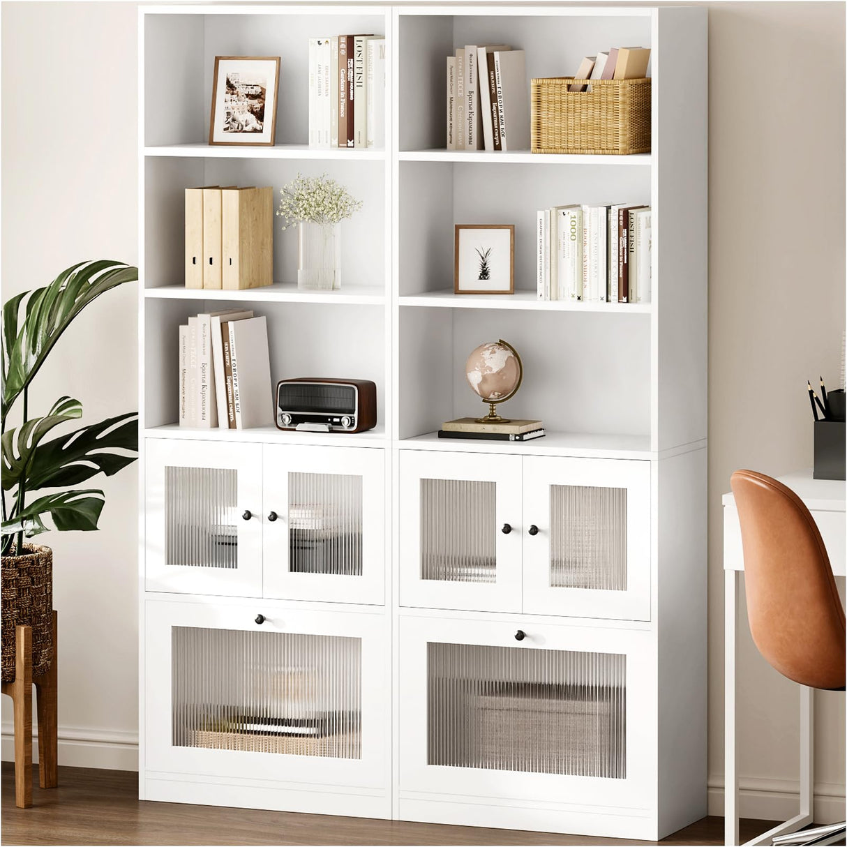 Bookshelf with Doors 2PCS, 5 Shelf Bookcase with Acrylic Cabinet Doors,Modern White