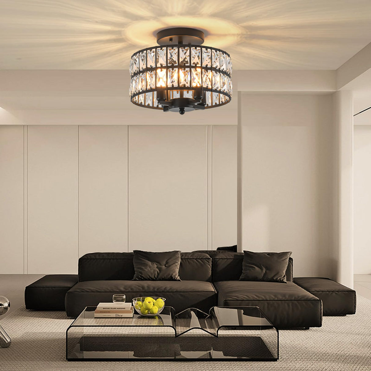 SeeU Modern Crystal Chandelier Black Flush Mount Pendant Lighting 12.6'' Ceiling Light Fixture for Bathroom Bedroom Hallway…