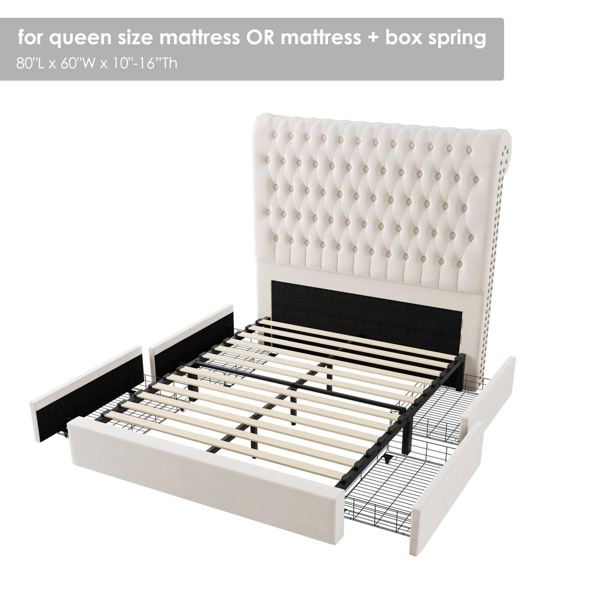 Queen Upholstered Bed Frame with Storage - 54" Tufted Headboard