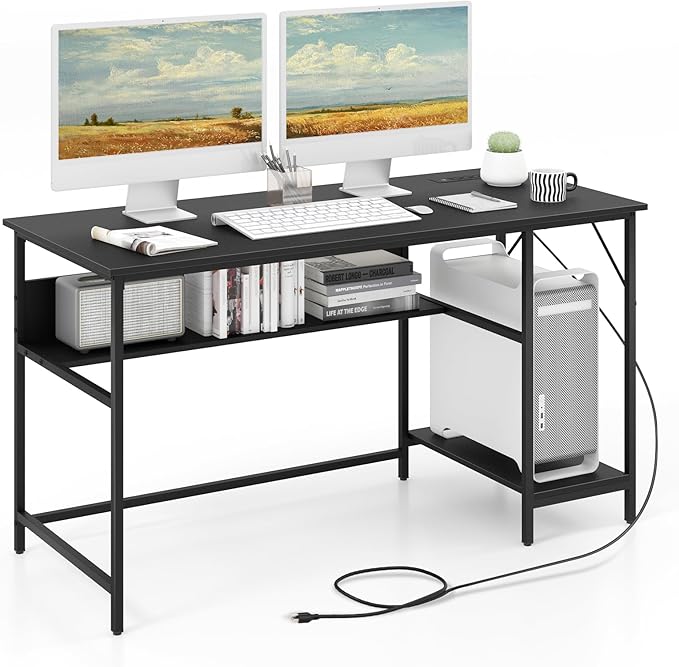 55 Inch Computer Desk with 4 Power Outlets & 2 USB Ports, Home Office Desk