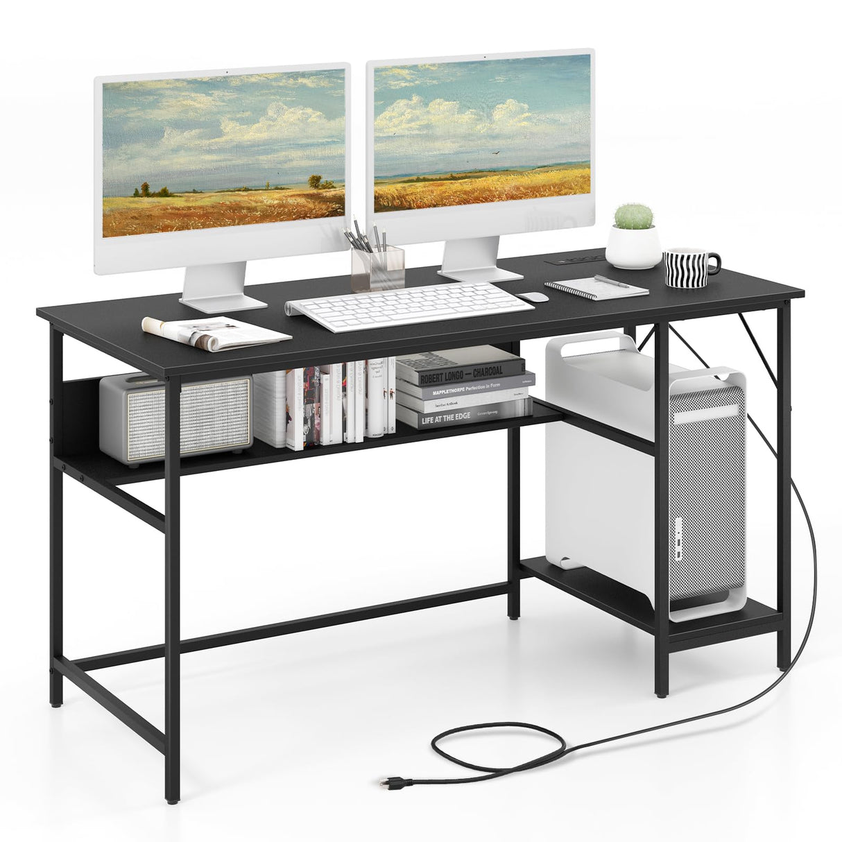 55 Inch Computer Desk with 4 Power Outlets & 2 USB Ports, Home Office Desk