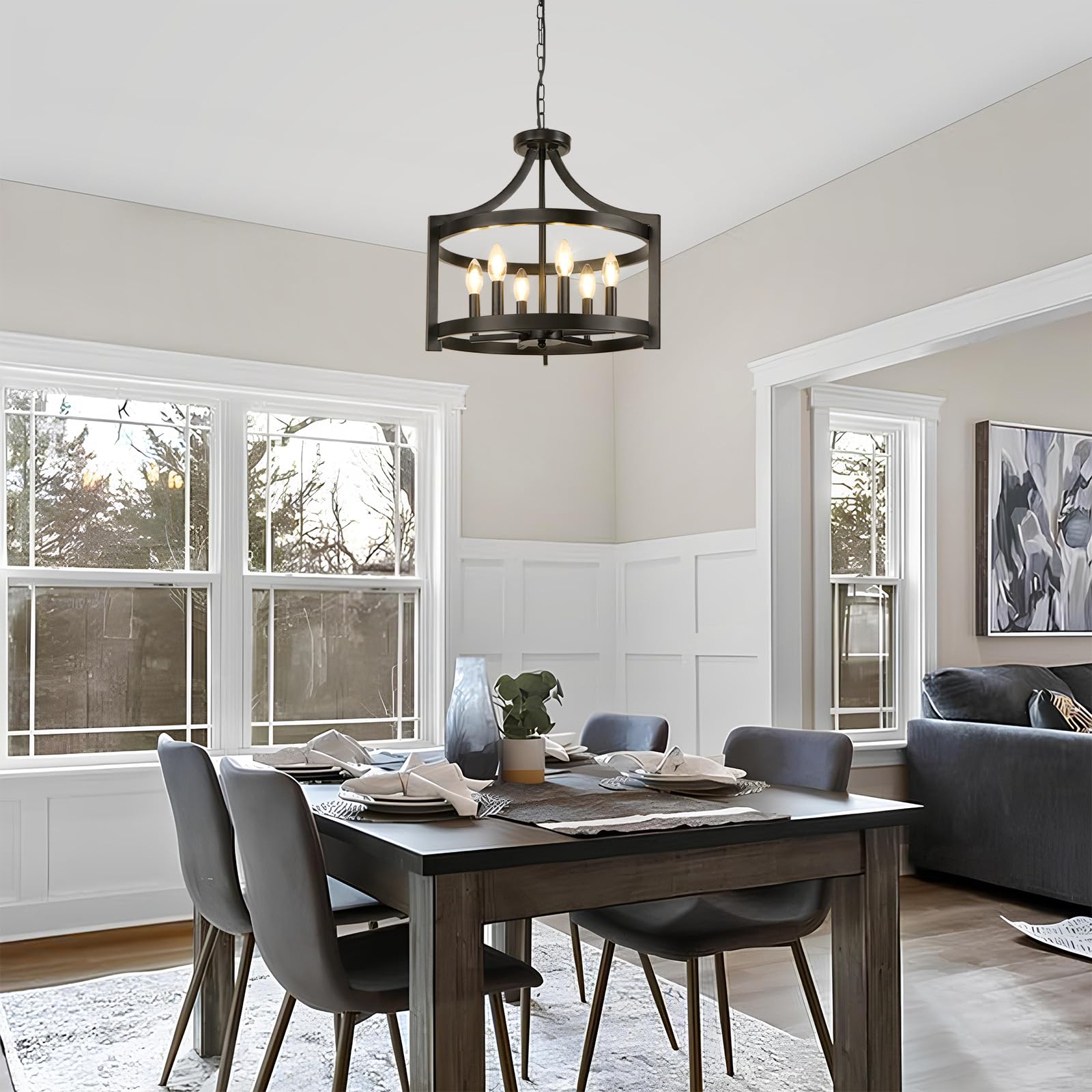 WBinDX 6-Light Black Chandelier, Modern Hanging Pendant Lighting, Convertible Semi Flush Mount Ceiling Light Fixture Rustic Vintage Farmhouse Chandeliers for Dining Room Kitchen Foyer Entryway