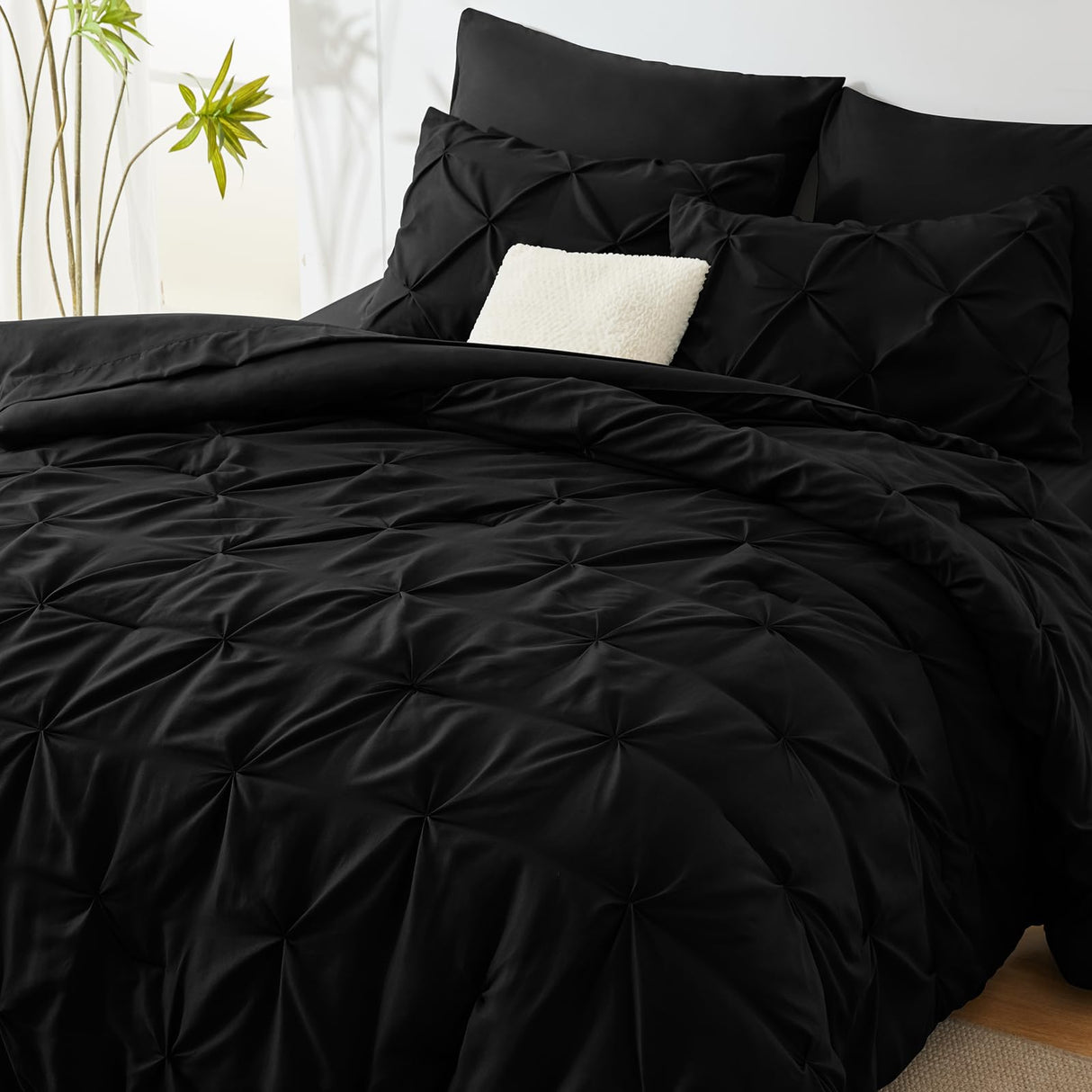 Twin Comforter Set - 5 Pieces Comforters Twin Size Black, Pintuck Bed in A Bag Pinch