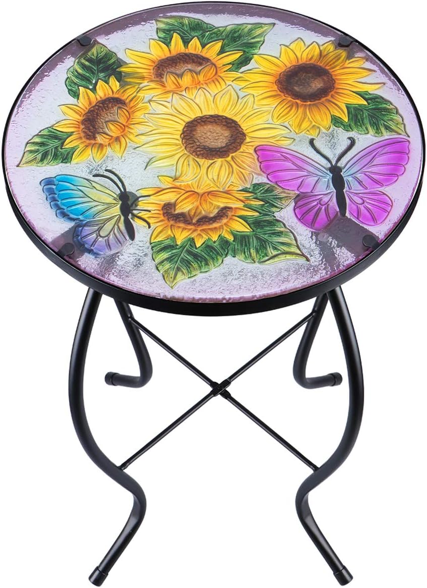 VCUTEKA Patio Side Table Plant Stands Outdoor Accent Table Small Mosaic Table Glass Top Round Balcony Coffee Table Sunflower - Bircata