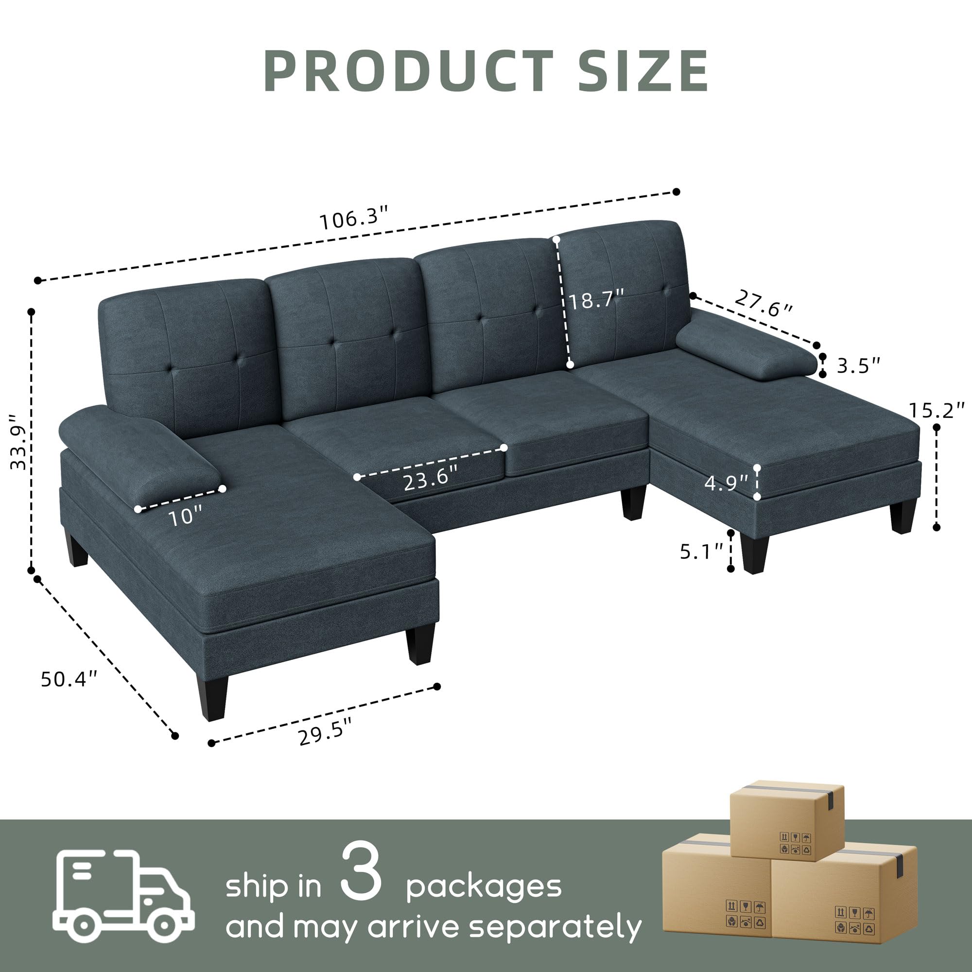 Sectional Sofa Couch, U-Shaped Sofa Couch with Double Chaise, 4-Seat Sleeper Sofa