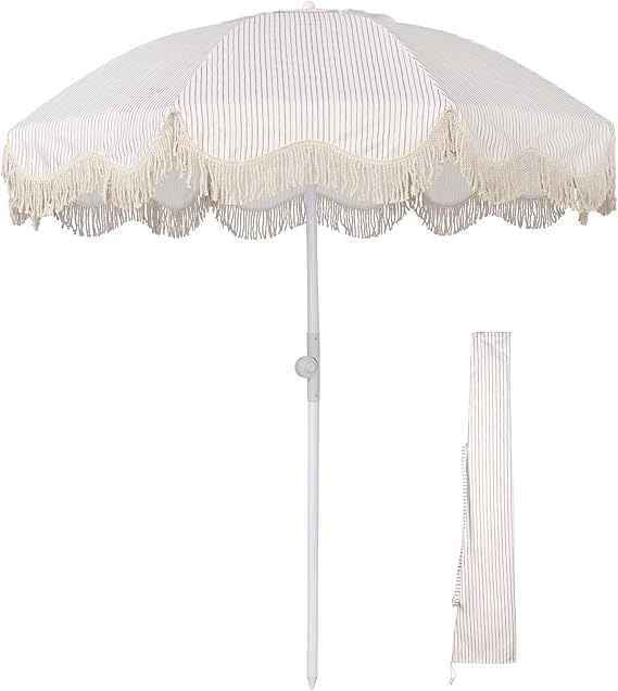 Ocean 6Ft Fringe Patio Umbrella 8 Ribs Outdoor Beach Tassel Umbrella with Push Button