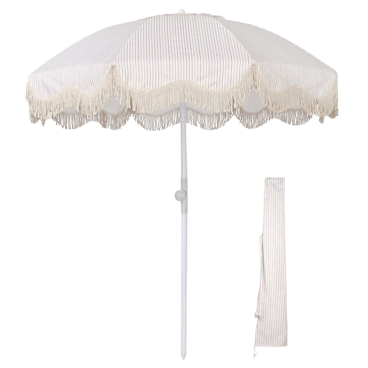 Ocean 6Ft Fringe Patio Umbrella 8 Ribs Outdoor Beach Tassel Umbrella with Push Button