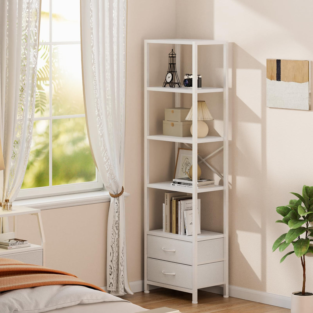 5-Tier Corner Shelf, Narrow Bookshelf with 2 Storage Drawers, Tall Bookcase, Standing