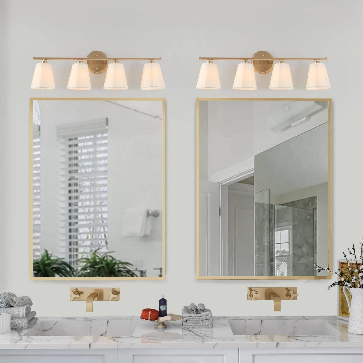 Gold Bathroom Light Fixtures, 4 Light Modern Vanity Lights with White Fabric Shades