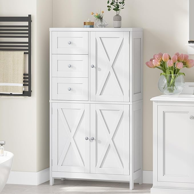 Bathroom Storage Cabinet with 2 Drawers and Barn Doors, Kitchen Pantry Cabinet