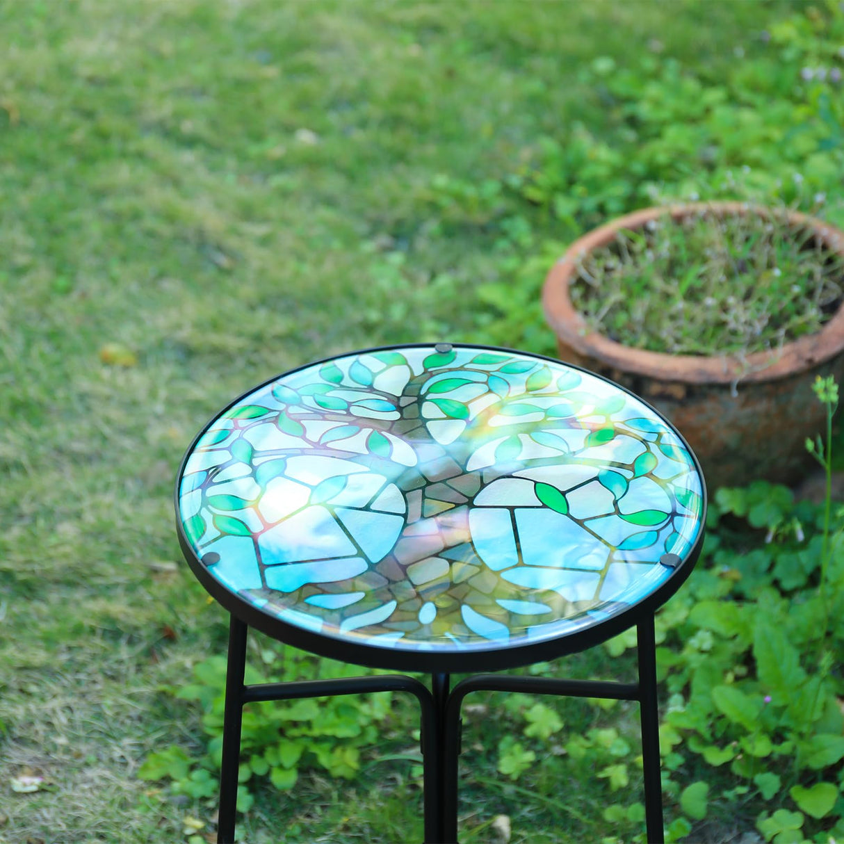 VCUTEKA Patio Side Table Outdoor Accent Table Bistro Coffee Table Plant End Table Small Porch Table Indoor Round Glass Balcony Plant Table Stands Tree 12'' - Bircata