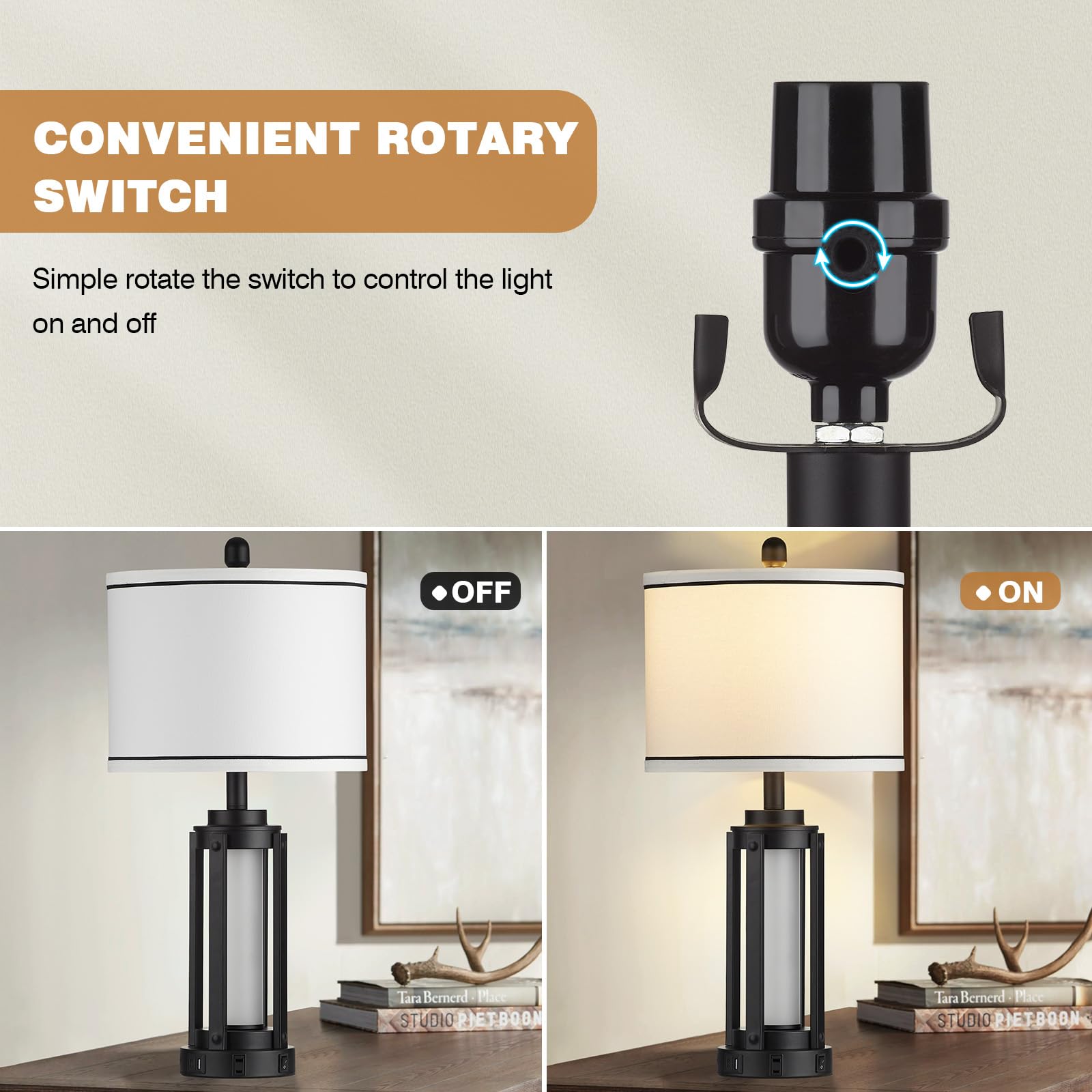 Modern Table Lamps for Living Room, Industrial Beside Lamps with USB A+C Charging Ports & AC Outlet, Rustic Nightstand Lamp with Glass Night Light for Bedroom End Table Entryway Black(4 Bulb Included)