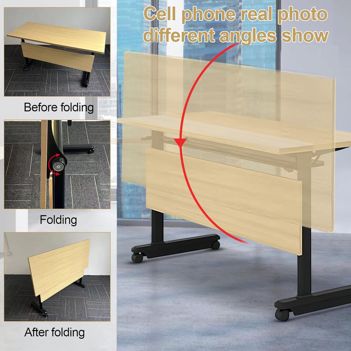 Table,Modern Wood Color Office Folding Flip Top Mobile Training Table with Chair 61"