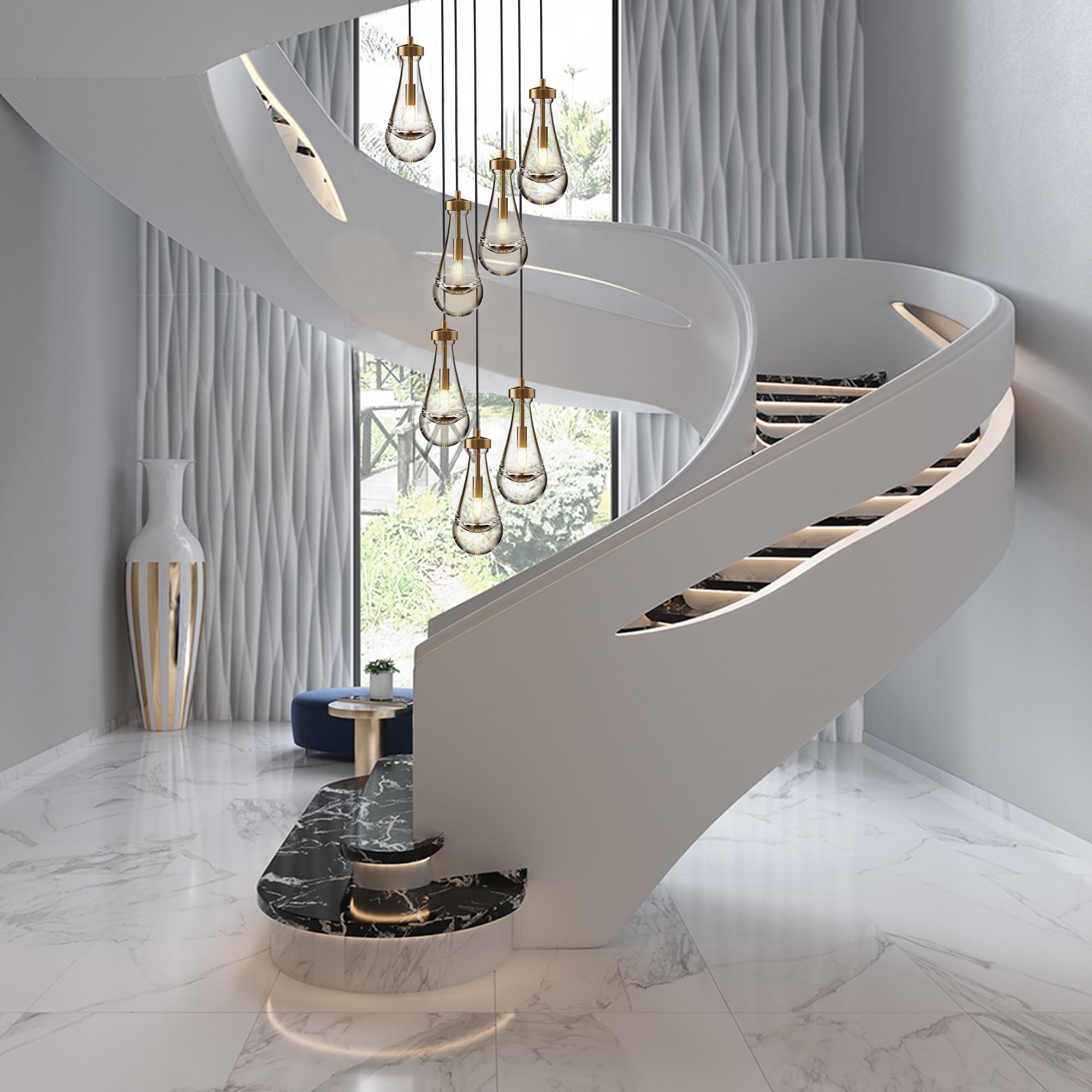 YUEXPAND H100'' High Ceiling Chandelier for Entryway,Modern Raindrop Chandeliers for Living Room,Brass 7 Light Adjustable Rope Teardrop Pendant Lights Kitchen Island for Hallway/Staircase