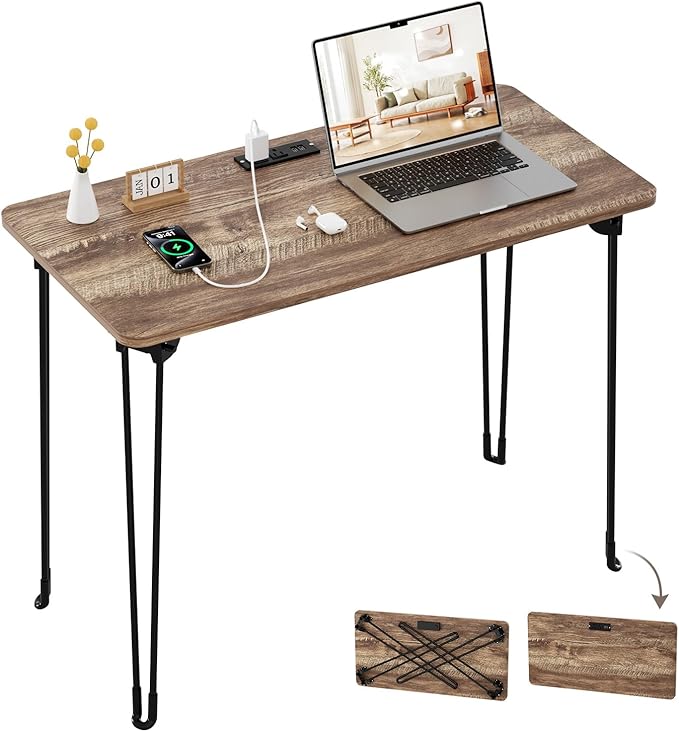 Folding Desk, 31.5" Hairpin Legs Small Desk with Power Strip for Bedroom