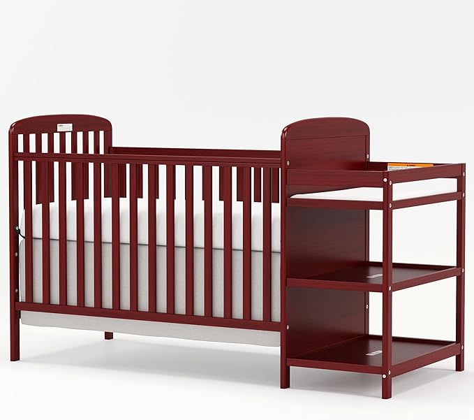 3-in-1 Baby Crib with Changing Table Combo, Wood Full Size Cribs Convertible Toddler Bed and Daybed with Storage Space for Nursery Furniture, 3 Mattress Height, Non-Toxic Finish (Storm Grey)