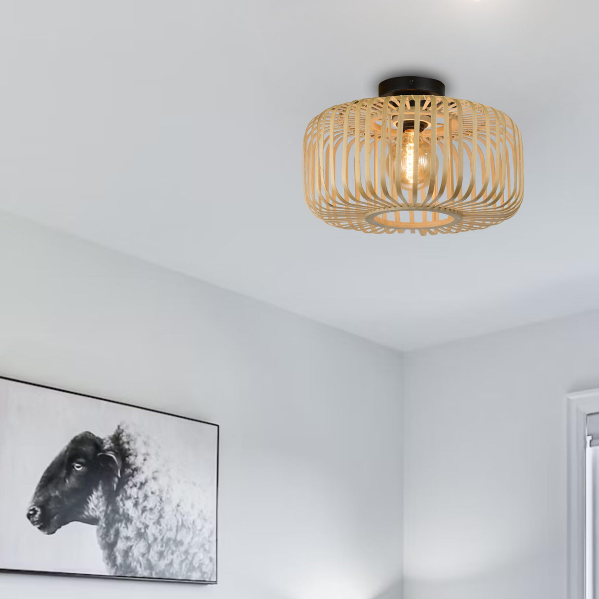 Rattan Flush Mount Light Fixture, 16 Inch Large Boho Light Fixtures Ceiling