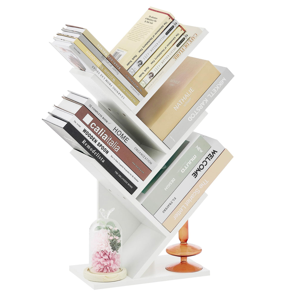 Hoctieon 4 Tier Tree Bookshelf, Small Bookcase, Free Standing Tree Bookcase, Bookshelf for Bedroom, Book Shelf Organizer, Small Bookshelf, White