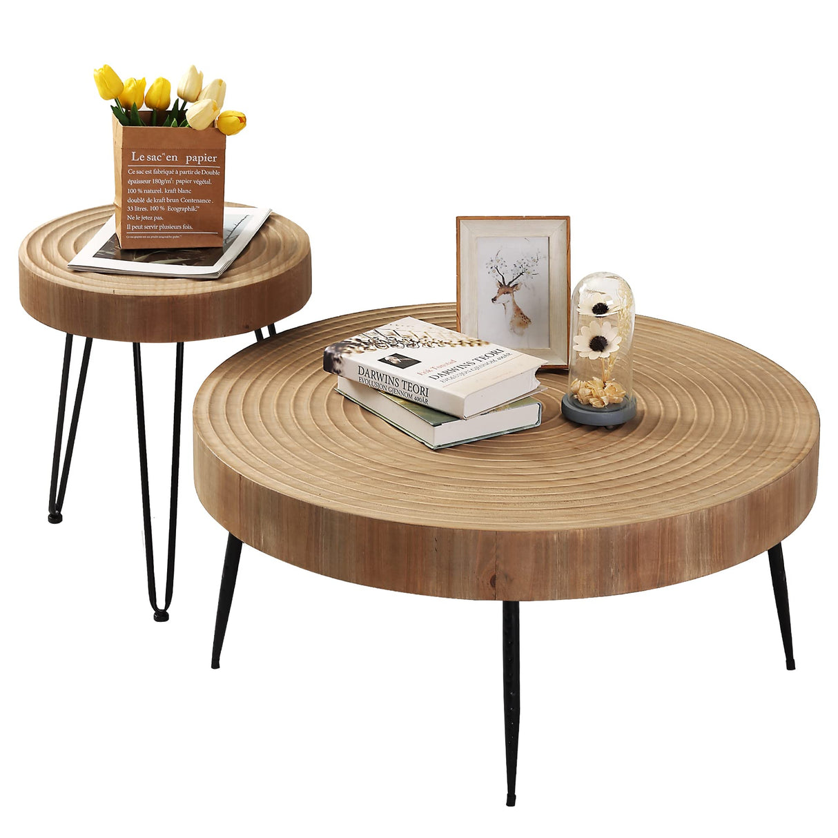 Farmhouse Round Coffee Table Set of 2, Cocktail Table Set, Modern Circle Natural Wood