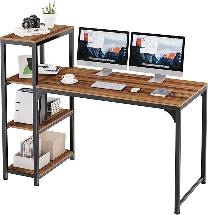 Computer Desk with 4 Tier Shelves, 55 Inch Heavy Duty Writing Study Table