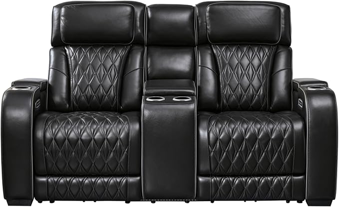 Warnerton Faux Leather Power Reclining Sofa with Adjustable Headrest, Brown