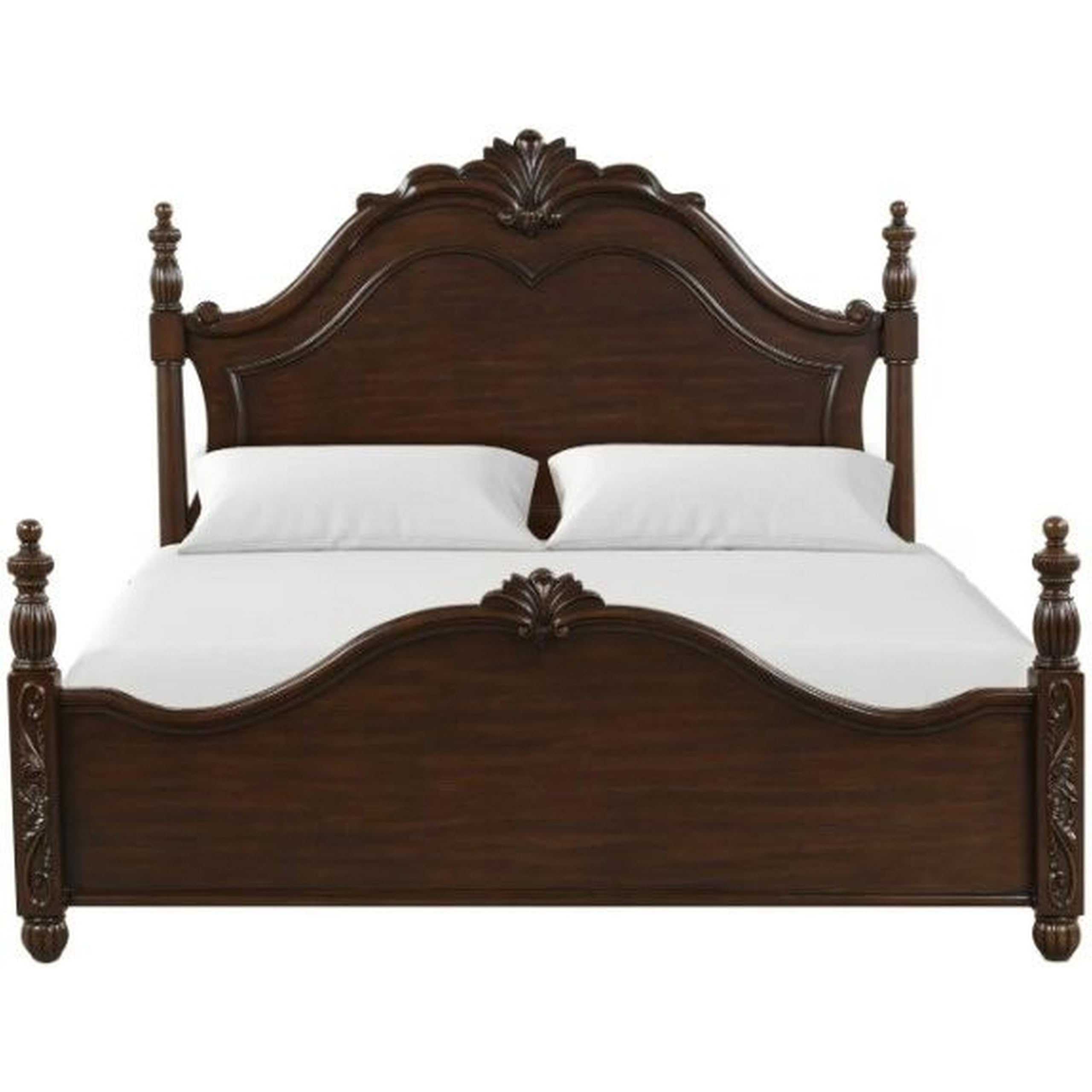 Benjara Akil Queen Size Poster Bed, Classical Carved Headboard, Cherry Brown Wood