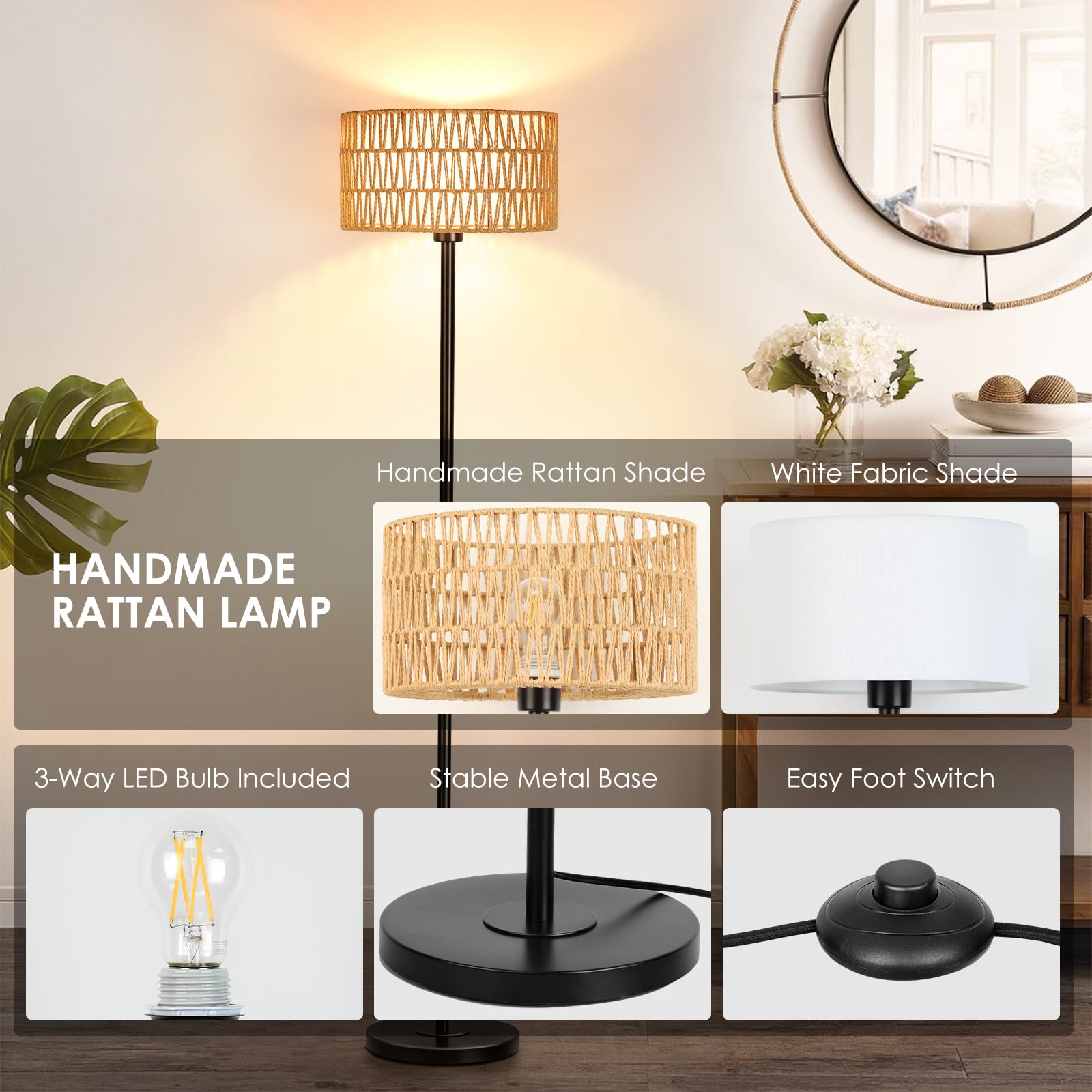 Lamps for Living Room, Rattan Boho Floor Lamp, Black Metal Floor Lamp with LED Bulb,