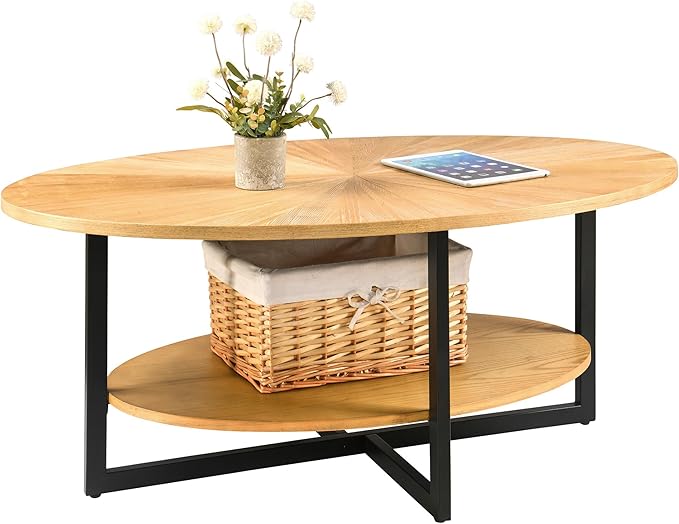 Oval Coffee Table with Storage Shelf, 43.3” Farmhouse Sofa Center Table