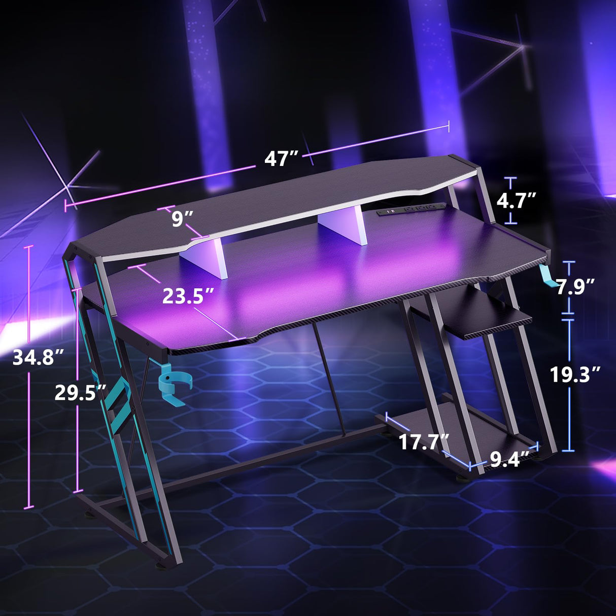 Gaming Desk with Power Outlet & LED Lights, Gaming Computer Desk 47inch with PC
