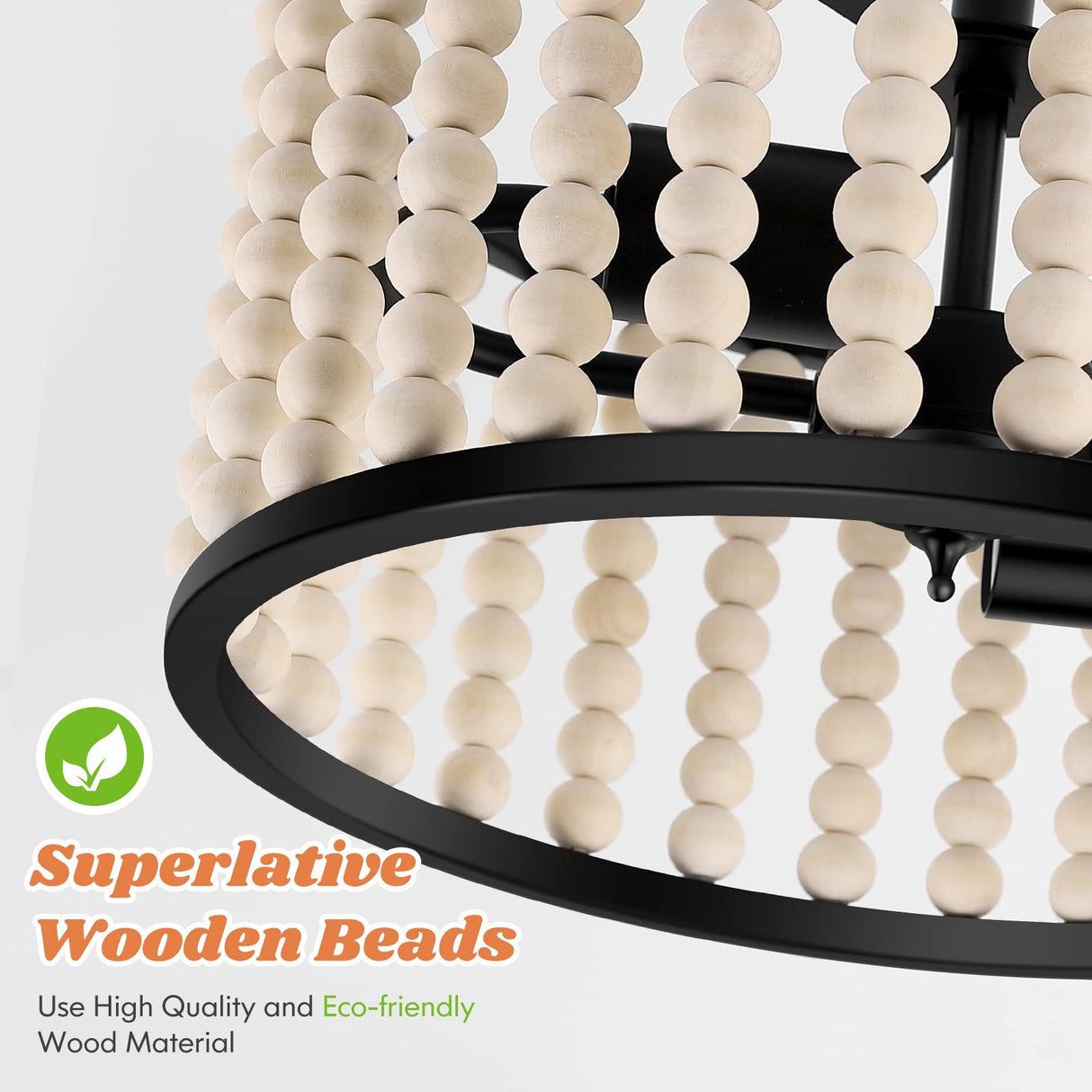 Farmhouse Boho Light Fixture - Wood Beaded Chandelier, Rustic Semi Flush Mount Ceiling Light, Black 2-Light Nursery Light Fixture for Kitchen Island Foyer Hallway Bedroom Living Room, E26 Base