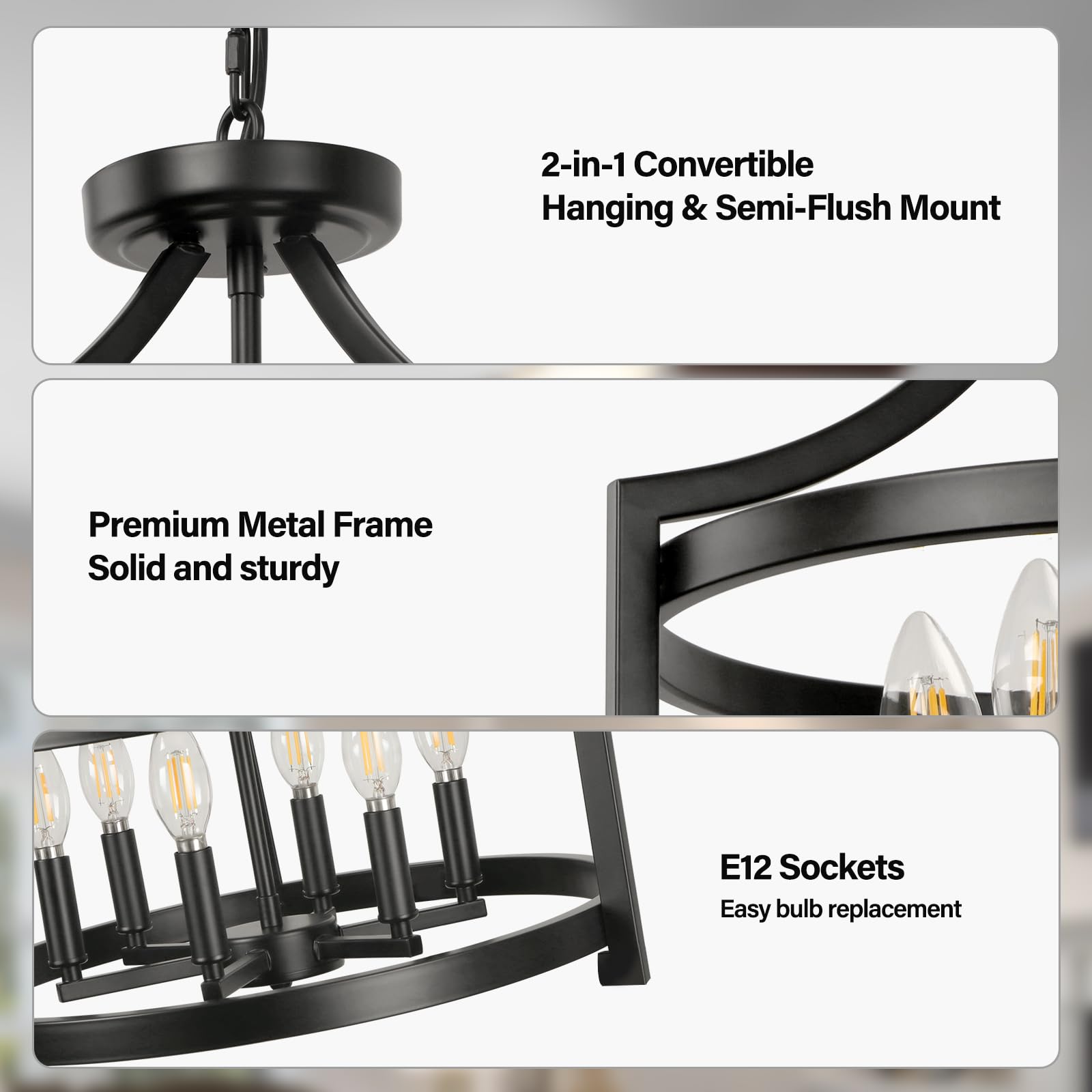 WBinDX 6-Light Black Chandelier, Modern Hanging Pendant Lighting, Convertible Semi Flush Mount Ceiling Light Fixture Rustic Vintage Farmhouse Chandeliers for Dining Room Kitchen Foyer Entryway