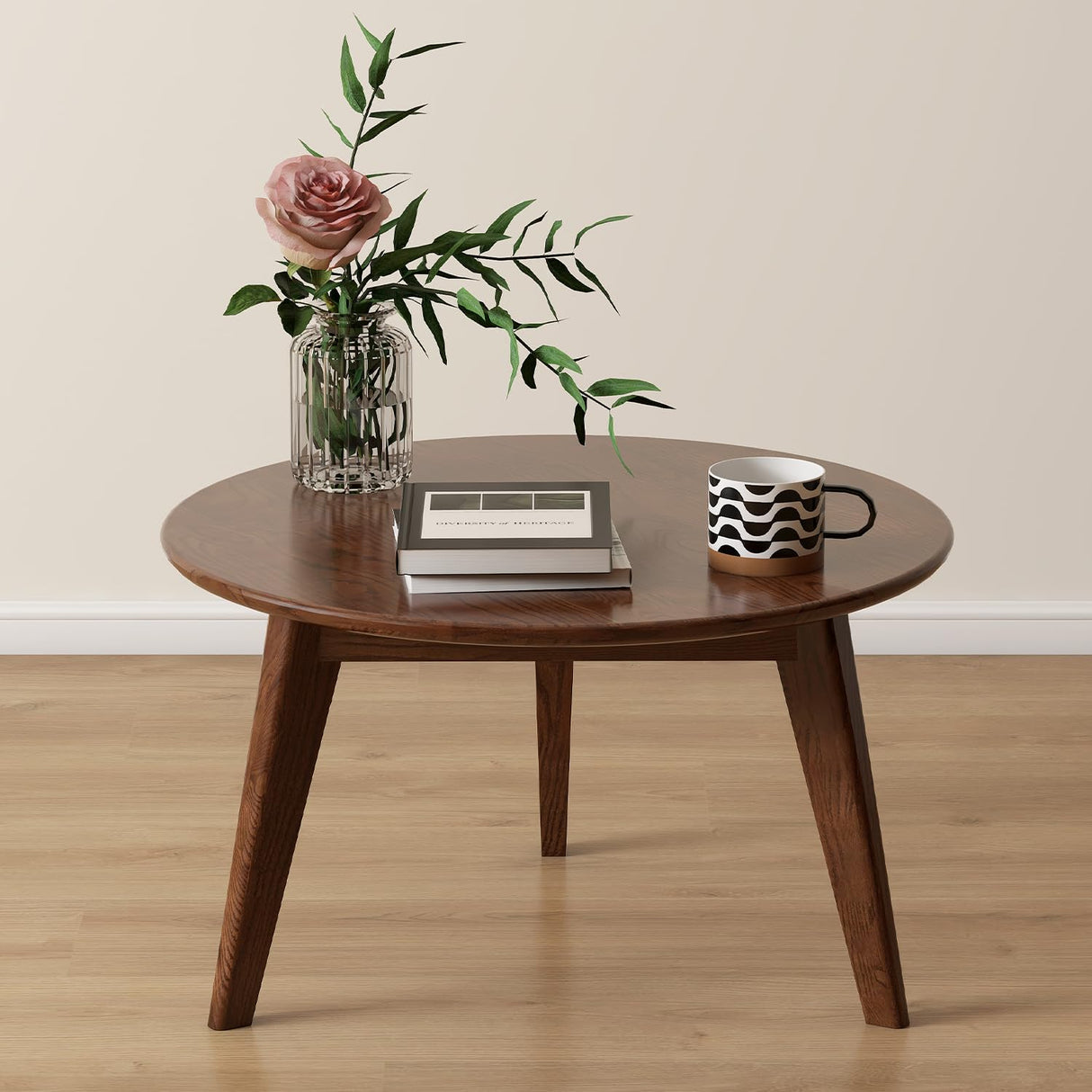 100% Solid Oak Wood Mini Coffee Table, Round Cofffe Table Side Table w/Solid Wood Legs, Walnut Mid Century Coffee Table Sturdy