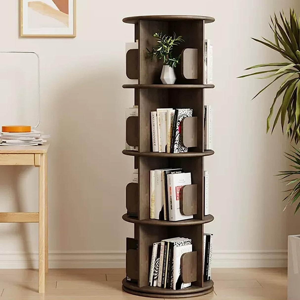 Bookcases 360° Rotating Bookshelf Wooden Standing Bookcase Retro Style Book
