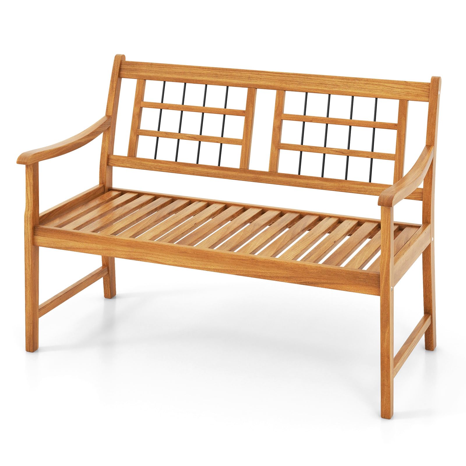 Patio Acacia Wood Bench, Wooden 2-Person Outside Chair w/Curved Armrests