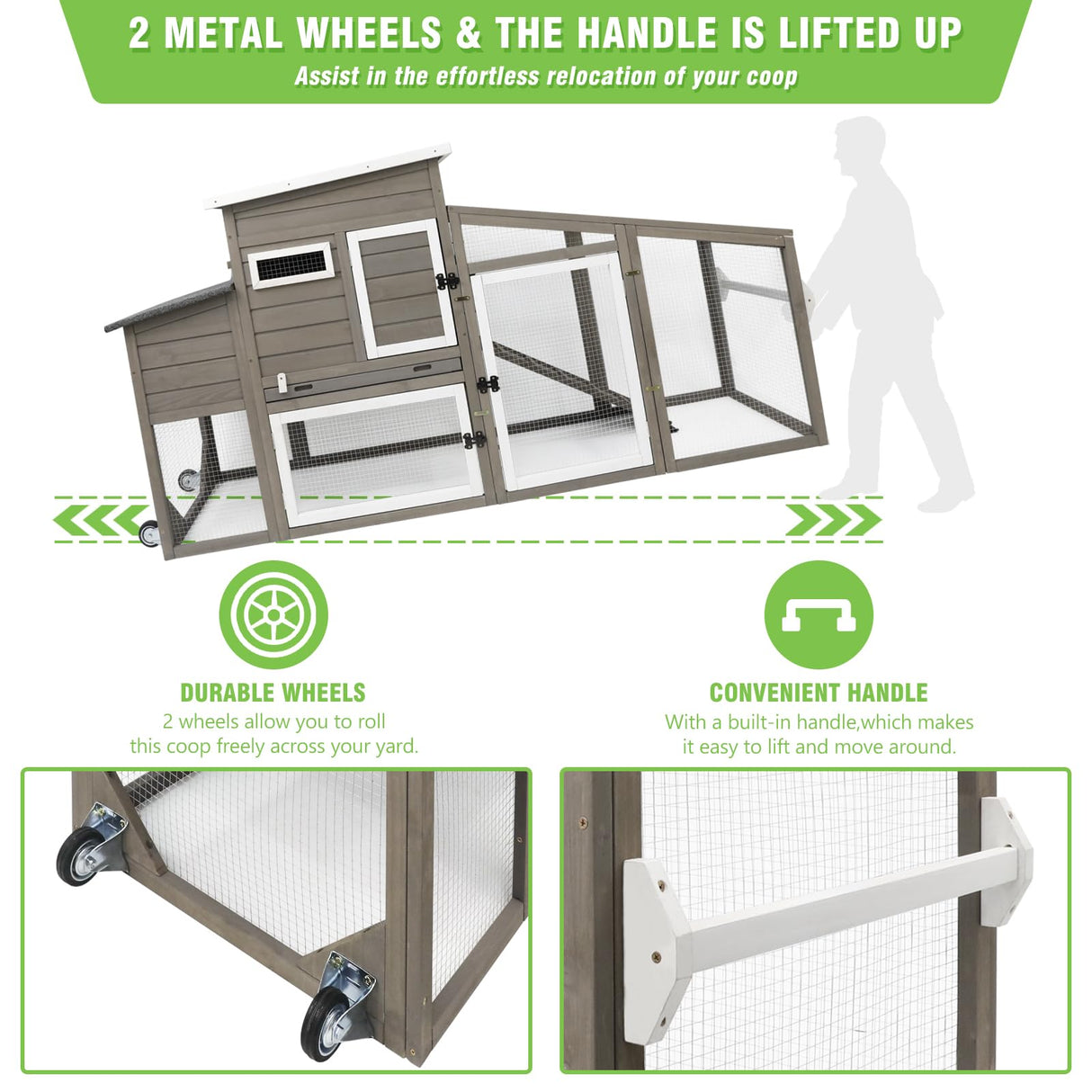 78" L Chicken Coop with Wheels Large Chicken House with Run Backyard Wooden Hen