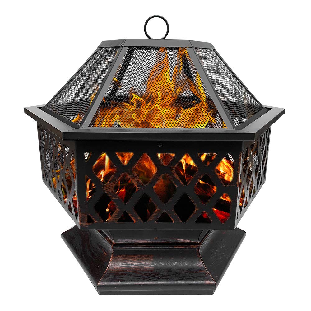 Steel Hexagonal Fire Pit Fire Bowl for Garden and Patio Outdoor Garden Heater Bronze