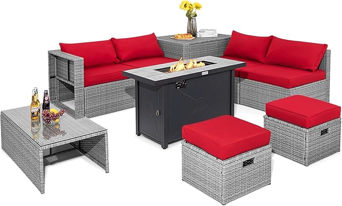 9 PCS Patio Furniture Set with 42” 60,000 BTU Fire Pit